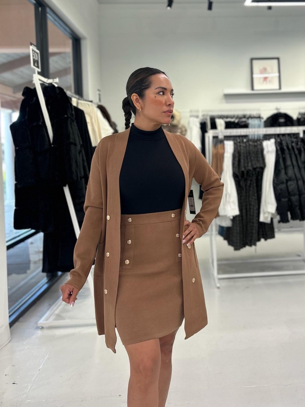 Karl Lagerfeld Camel Double-Breasted Knit Mini Skirt with Matching Cardigan